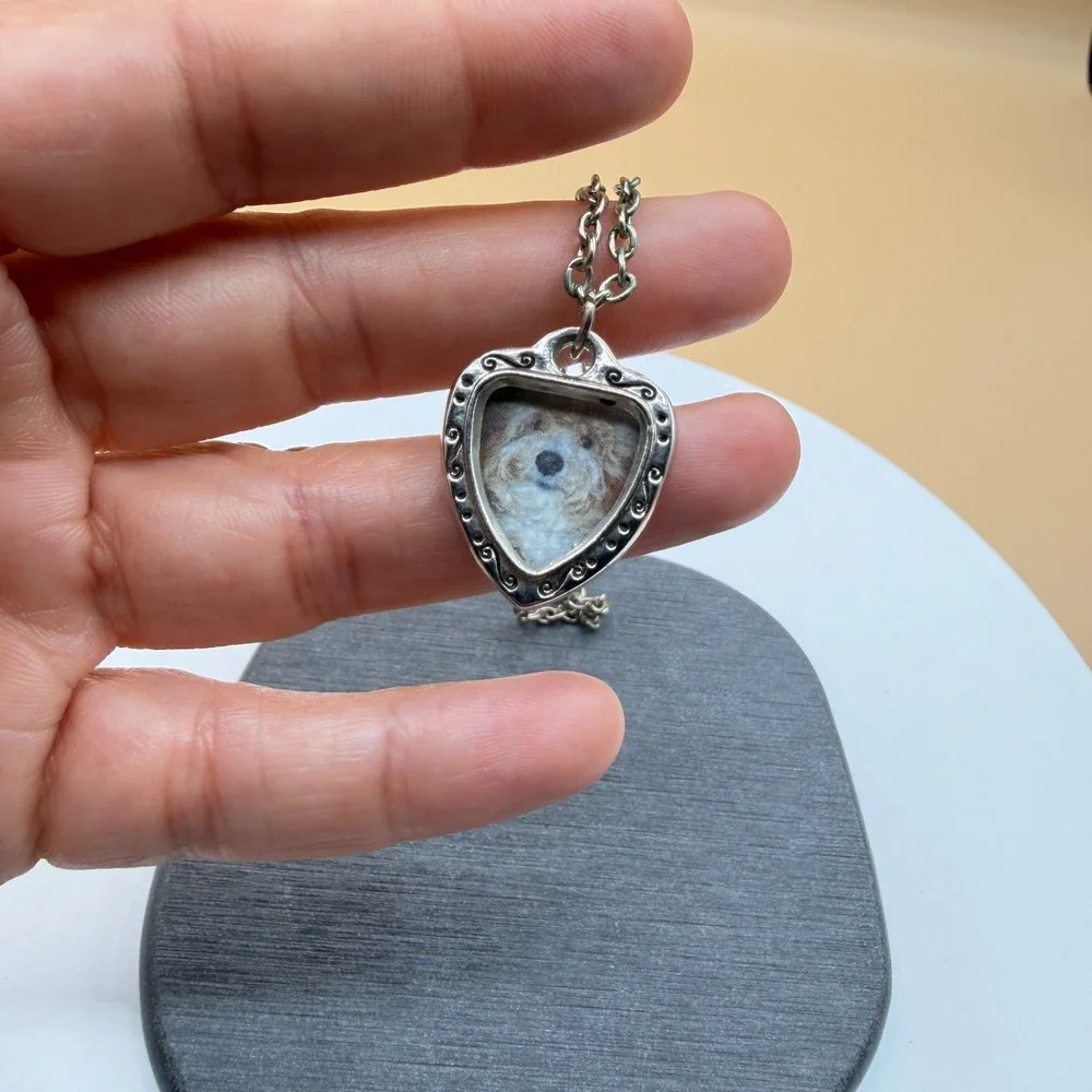 I Love My Dog Photo Frame Pendant Necklace Silver Tone Heart Pet Lover Jewelry